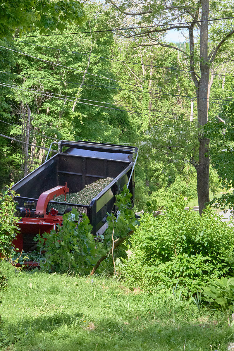 Dump truck with woodchipper clearing land in VT